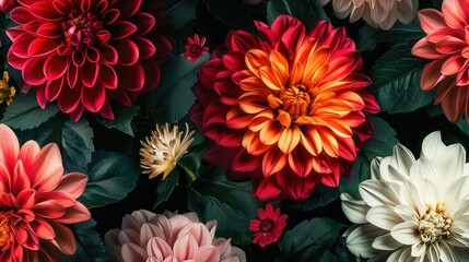 Poster - A collection of colorful, large flowers in shades of red, orange, pink, and white stands out vividly against a dark backdrop. Generative AI
