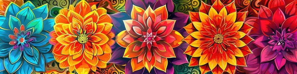 Wall Mural - A collection of colorful floral mandalas filled with intricate patterns and designs that create a captivating and energetic visual experience. Generative AI