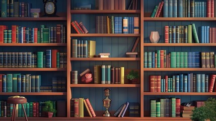 Aufkleber - Colorful textbooks and academic literature line wooden shelves in a warm study, inviting reading and research in a cozy atmosphere. Generative AI