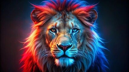  A majestic lion's gaze, captured in a vibrant spectrum of red and blue hues, exudes an aura of power and regality.