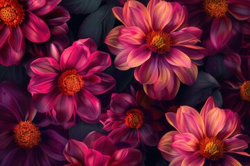 Canvas Print - Bright flowers in shades of pink and orange stand out vividly against a dark backdrop, showcasing their intricate petals and textures. Generative AI