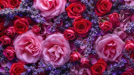 Poster - Delicate roses in shades of pink and red intermingled with fragrant lavender create a beautiful and harmonious floral display. Generative AI