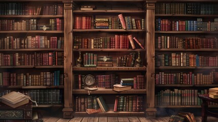 Poster - The shelves are packed with vibrant textbooks and scholarly works, creating an inviting, intellectual environment perfect for study. Generative AI