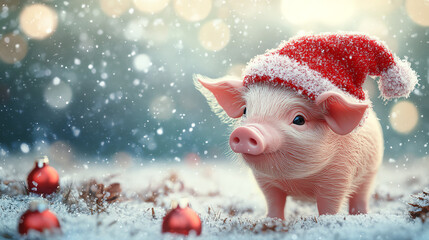 A playful pig wearing a Santa hat explores a winter wonderland, surrounded by snowflakes and festive decorations, capturing the spirit of holiday joy.