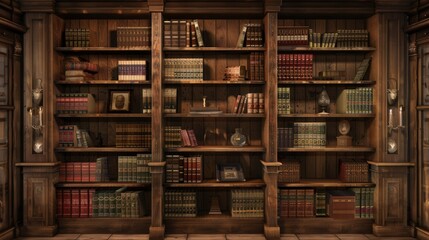 Poster - The wooden shelves are lined with textbooks and academic literature, creating a warm atmosphere perfect for studying or research. Generative AI