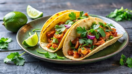 Wall Mural - Two Soft Tacos with Savory Filling, Topped with Fresh Parsley and Lime Wedges on a Green Plate