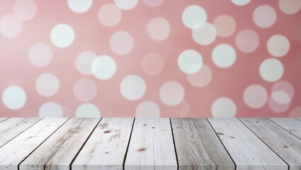 Wall Mural - rustic gray white wash wood board product mockup empty shelf table surface with pink and white bokeh