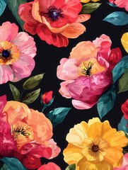 Poster - Brightly colored flowers bloom in various shades, creating a lively display on a deep black backdrop, accentuating their beauty. Generative AI
