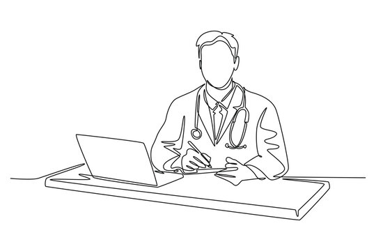 Single continuous line drawing smart and helpful male doctor writing medical prescription to patient at hospital desk. Medical healthcare service concept. One line graphic design vector illustration