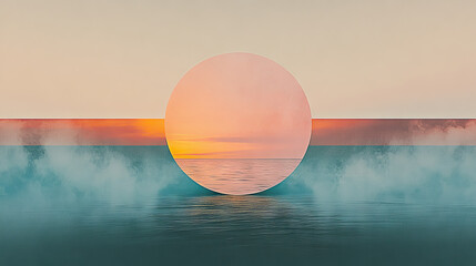 Poster - A soft, pink circle frames a sunset over a blue sea.