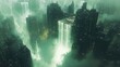© Alpha - Fantasy city where skyscrapers cascade waterfalls, liquid silver streets, and cloud rafts float under an upside-down sky of falling raindrops