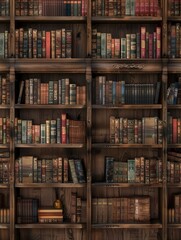 Poster - A cozy study room features wooden shelves overflowing with various textbooks and academic literature, creating a scholarly atmosphere. Generative AI
