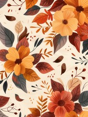Fototapete - A collection of autumn leaves and flowers in warm hues showcases the beauty of the fall season, inviting a sense of warmth and comfort. Generative AI