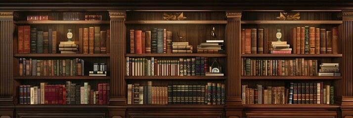 Poster - A cozy study or library features wooden shelves brimming with textbooks and various academic literature for research and study. Generative AI