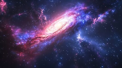 Aufkleber - A vibrant cosmic scene showcasing a spiral galaxy adorned with bright hues of pink and purple against a backdrop of twinkling stars.