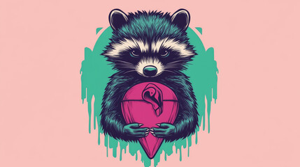 Wall Mural - A raccoon holding a pink flamingo in its paws against a teal and pink background.