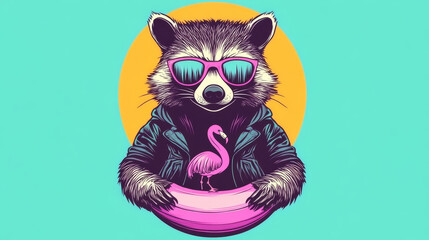 Wall Mural - Cool raccoon in sunglasses with a flamingo floatie