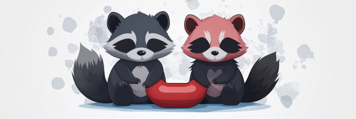 Canvas Print - Two cute raccoons share a red treat.