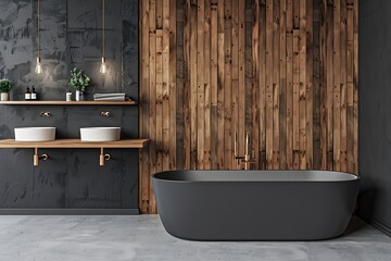 Wall Mural - Corner of modern bathroom with black and wooden walls, concrete floor, comfortable bathtub .