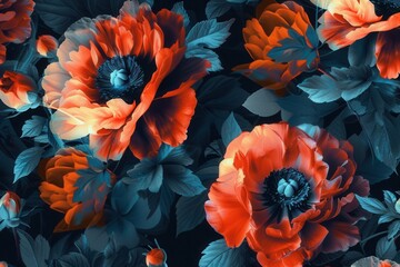 Aufkleber - Large, luminous flowers with striking colors stand out prominently against a black background, highlighting their beauty and vivid details. Generative AI