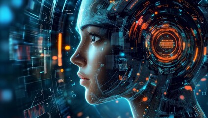 Poster - Digital Portrait of a Woman in a Futuristic Interface