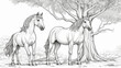 © Aliza - Horse and tree animal sketch coloring page, colorless outline, white background