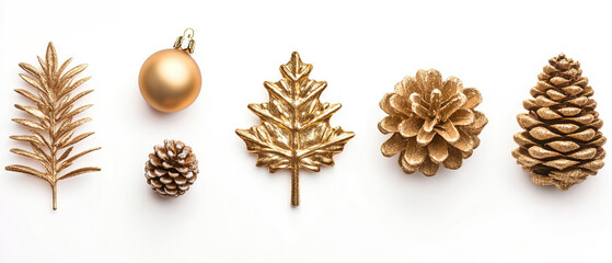 gold christmas decorations on white background