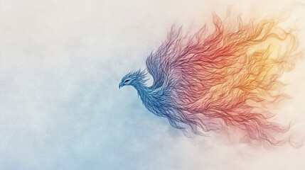 Wall Mural - A stylized drawing of a mythical phoenix, with wings of blue and red,  flying against a light background.