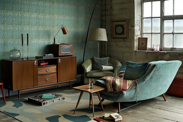 Poster - Vintage-inspired living room with retro wallpaper and an antique sideboard.