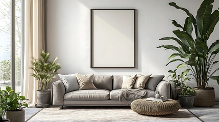 Poster - A modern living room featuring a cozy sofa, decorative cushions, plants, and an empty frame on the wall, creating a serene and inviting atmosphere.