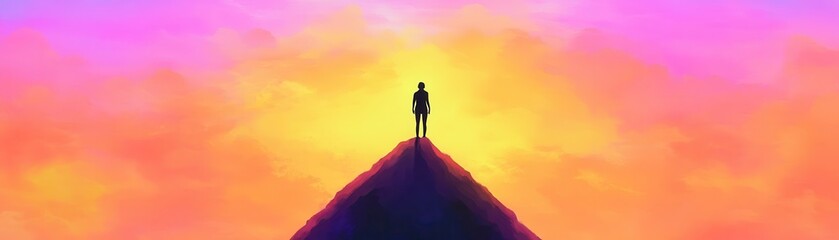 Wall Mural - Silhouette of a Person Standing on a Mountain Peak.