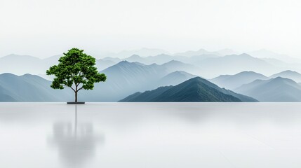 Canvas Print - Minimalist Mountain Landscape with a Single Tree.