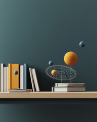 bookshelf with floating planets and educational models, artistic decor, isolated.