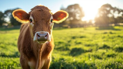 Brown cow standing in lush green pasture with rolling hills