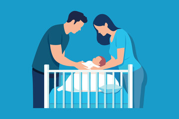 Parents putting their baby to sleep Parenting flat vector illustration.