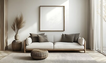 Poster - A modern, minimalist living room featuring a neutral-colored sofa, decorative pillows, a natural rug, and a blank wall art frame.