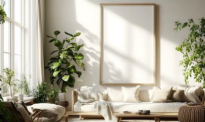 Poster - A bright, airy living room featuring plants, a neutral sofa, and a large empty frame, ideal for artwork or decoration.