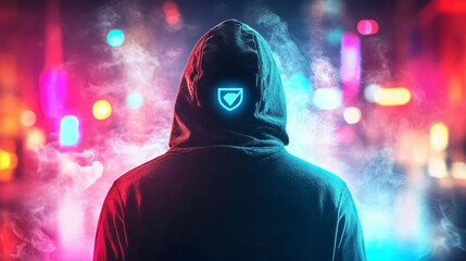 Mysterious figure in a hooded sweatshirt stands against a backdrop of neon lights and smoke.