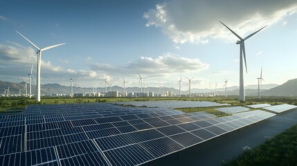 Fototapete - Gleaming networks of interconnected smart energy infrastructure advanced solar cell arrays capturing sunlight colossal wind turbines with blades through the sky powering a gleaming city of the future