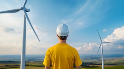 Spinning wind turbines on a sustainable farm with eco friendly agricultural practices generating renewable energy in a natural countryside landscape