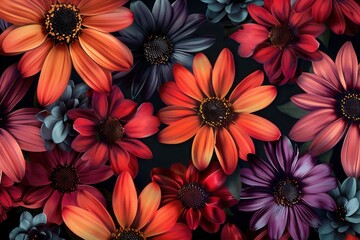 Aufkleber - A variety of large, colorful flowers bloom prominently against a contrasting black backdrop, showcasing their beauty and detail. Generative AI