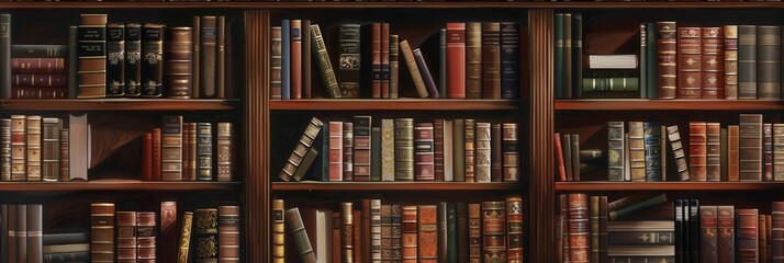 Poster - A collection of wooden shelves filled with various textbooks and academic literature, creating a serene environment for studying. Generative AI