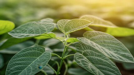 Close up view of vibrant soybean leaves showcasing intricate textures in lush field. sunlight enhances green hues, creating serene and thriving agricultural scene