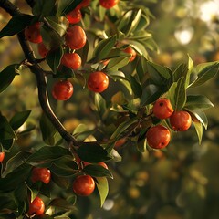 Acerola fruit tree with ripe and green leaves in sunlight.