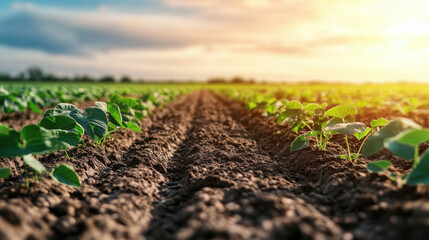 Healthy soybean crops growing in open field under bright sky, showcasing rows of vibrant green plants. sunlight enhances beauty of landscape, creating serene atmosphere