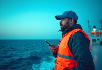 man wearing orange life jacket stands on boat, gazing thoughtfully at ocean while holding smartphone. serene blue tones of water and sky create calm atmosphere