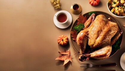 Happy Thanksgiving celebration with turkey and pumpkin and salad and sauce; celebrate thanksgiving with a table full of food and festivity; food photography; holiday season and autumn season