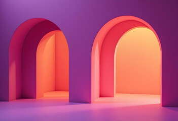 Vibrant arches create stunning visual contrast with warm hues of pink and orange, enhancing modern aesthetic of space. interplay of light and color evokes sense of creativity and inspiration