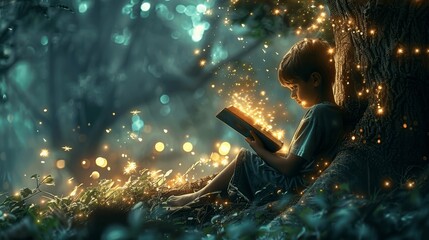 young boy reading magical fairy tale book in enchanted forest with glowing fireflies at night surrounded by sparkling lights and imagination