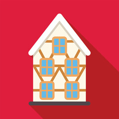 Wall Mural - Small gingerbread house with icing and blue windows on a red background